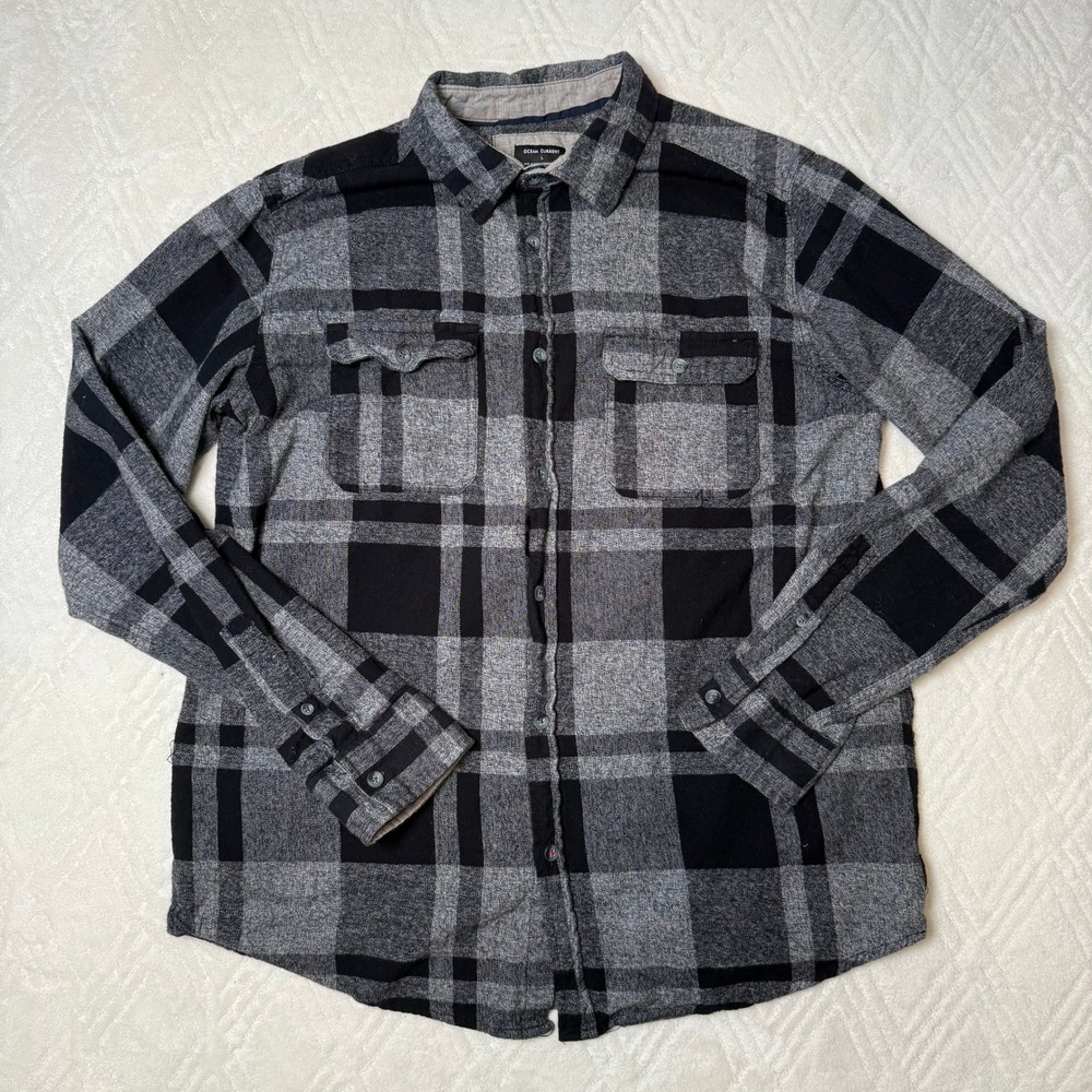 Grunge Workwear Ocean Current Plaid Flannel Shirt Mens L Black Gray Cotton